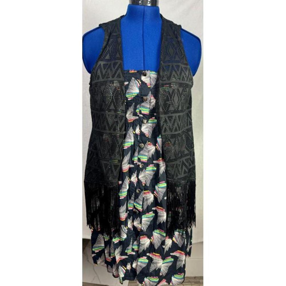 Eyeshadow Black Crochet Fringe Vest | Sheer Lace Festival OS Western Grunge Goth